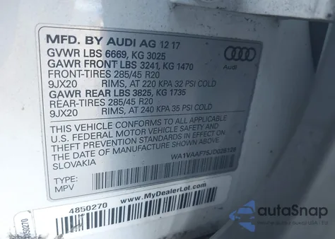2018 Audi Q7 3.0T Premium из США, поврежденный, VIN WA1VAAF75JD026126
